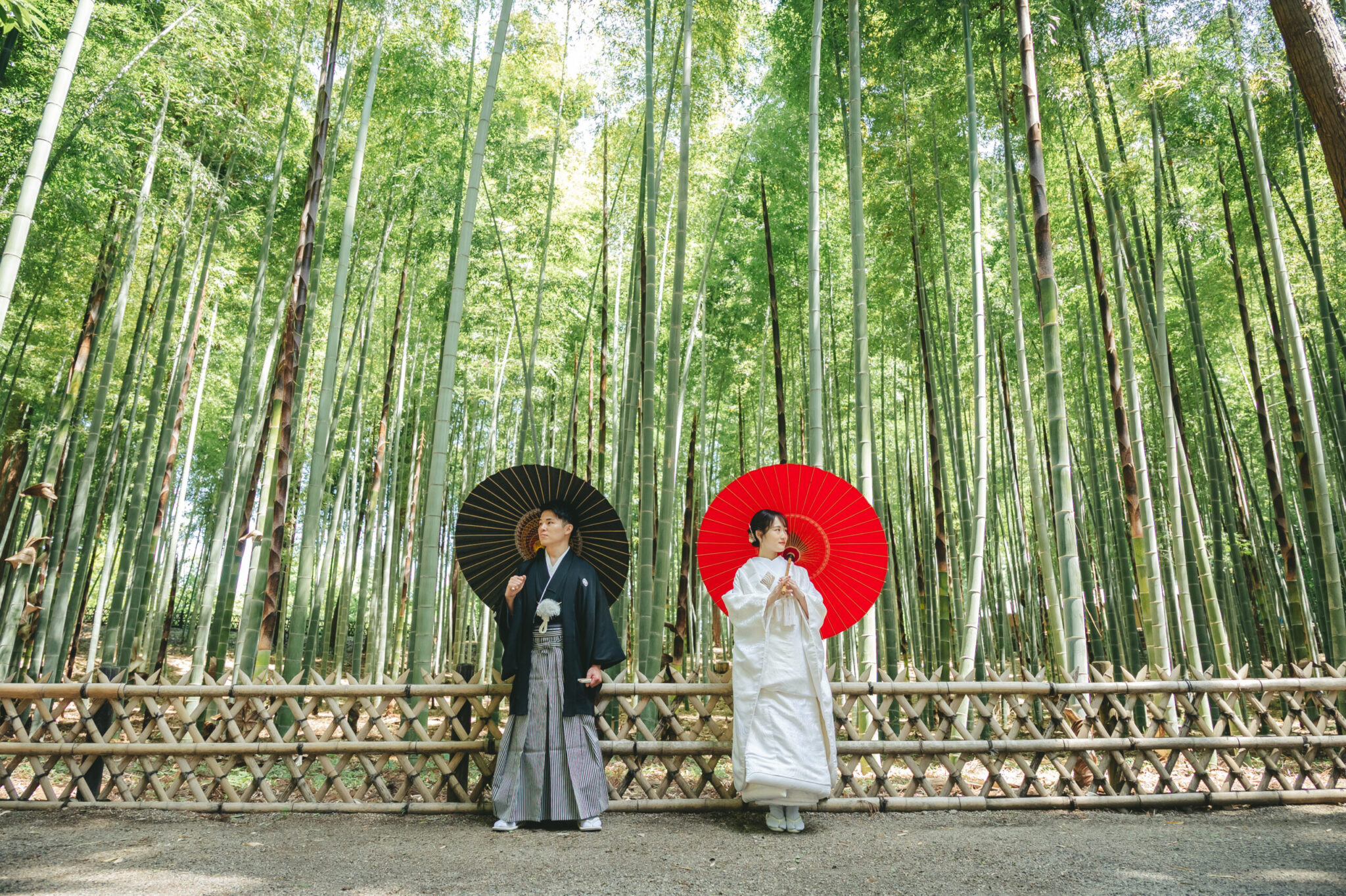 偕楽園の壮大な竹林の深い緑に純白の白無垢姿が美しく映える情緒溢れるロケーションフォト